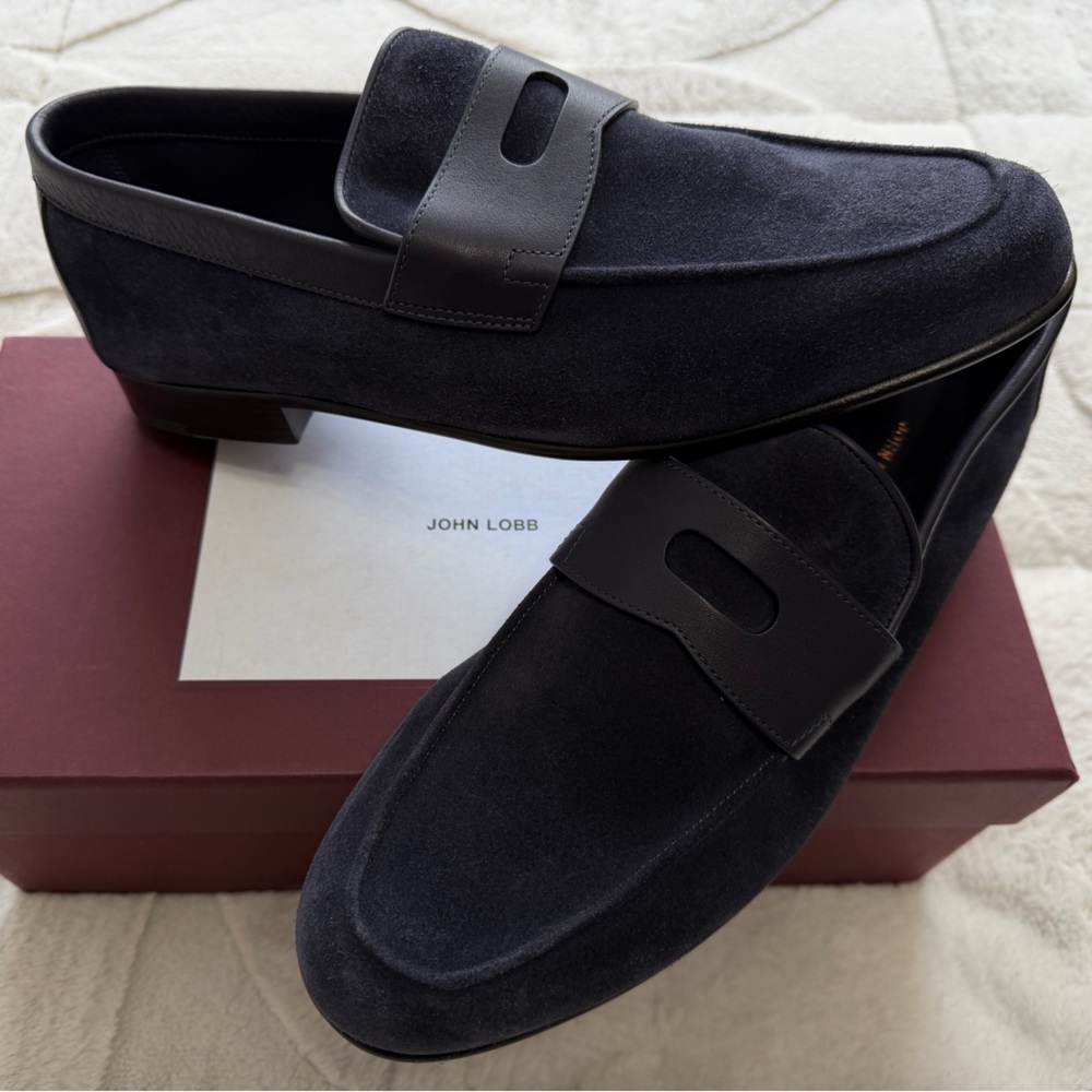 NEW! $1,000 John Lobb Hendra Navy Blue Suede Loafers Shoes 9